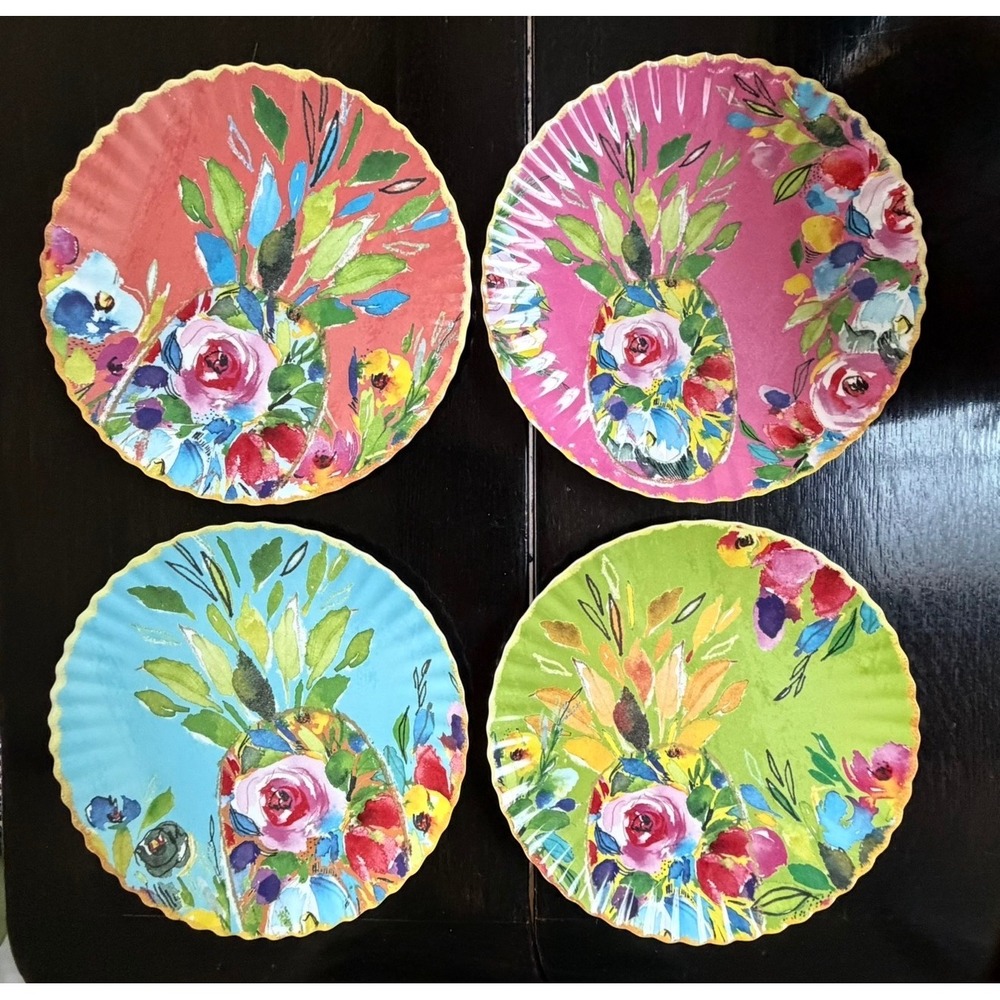 Pier 1 Imports Melamine Pineapple Floral Salad Plate Set of 4 Scalloped 9 Inch